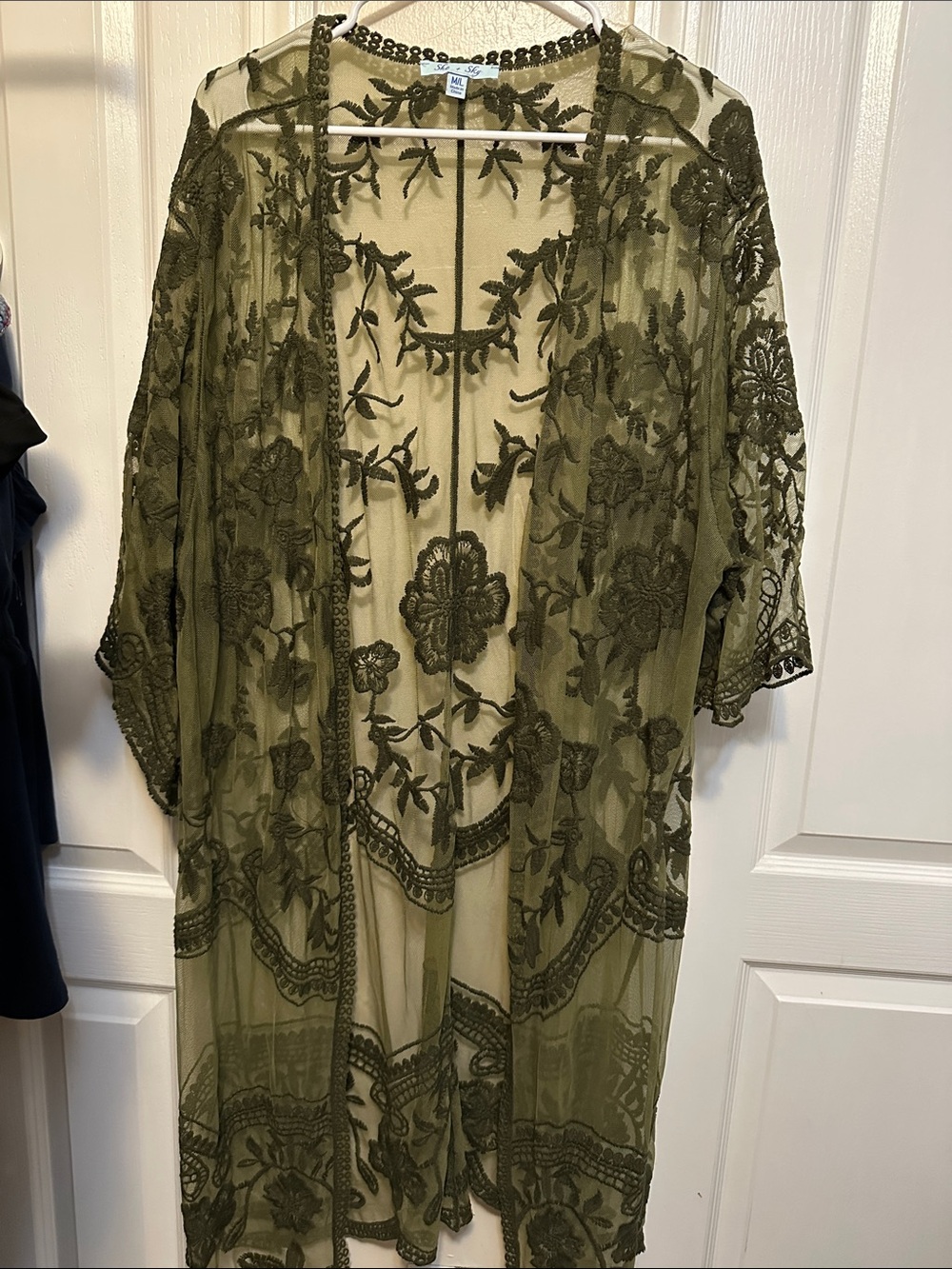 She + Sky Olive Green Embroidered Sheer Overlay